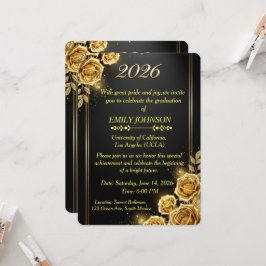 Elegante Zwarte Gouden Bloemrozen Afstudeerfeest Kaart