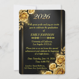 Elegante Zwarte Gouden Bloemrozen Afstudeerfeest Kaart