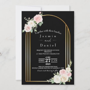 Elegante Zwarte Gouden Boog Blush & Crème Roze Tro Kaart