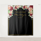 Elegante zwarte gouden bourgondisch blozend bloems wandkleed (Voorkant)