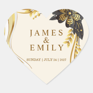Elegante Zwarte & Gouden Bruiloft Hart Sticker