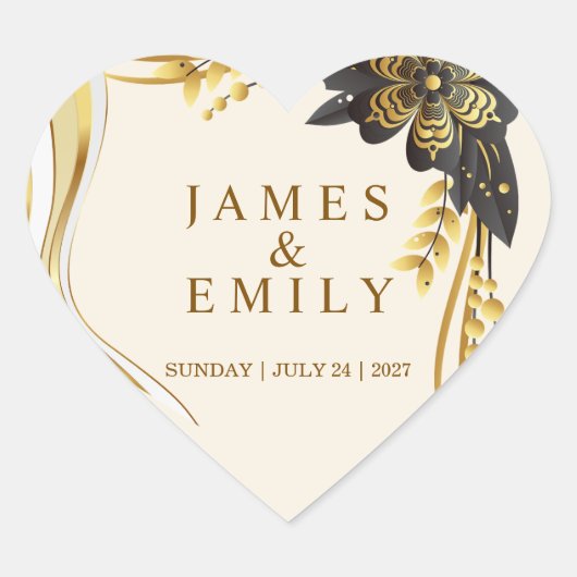 Elegante Zwarte & Gouden Bruiloft Hart Sticker (Voorkant)