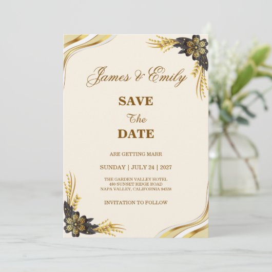 Elegante Zwarte & Gouden Bruiloft Save The Date (Staand voorkant)