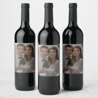 Elegante Zwarte & Gouden Bruiloft Wijn Etiket