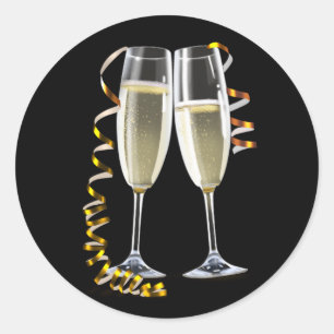 Elegante zwarte gouden champagneglasstickers ronde sticker