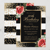 Elegante Zwarte Gouden Confetti Rode Roos 30e Verj Kaart (Voorkant / Achterkant)
