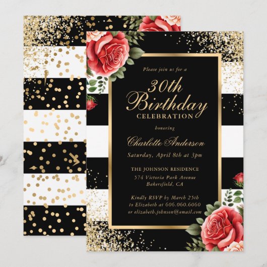 Elegante Zwarte Gouden Confetti Rode Roos 30e Verj Kaart (Voorkant / Achterkant)