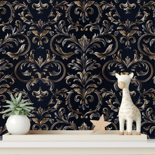 Elegante Zwarte Gouden Damast Peel en Stick Behang