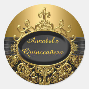 Elegante zwarte & gouden damast Quinceanera sticke Ronde Sticker