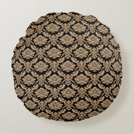 Elegante Zwarte & Gouden Demask Klassiek Ontwerp Rond Kussen