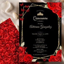 Elegante Zwarte Gouden en Rode Rozen Quinceanera Kaart