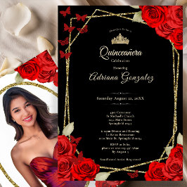 Elegante zwarte gouden en rode rozen Quinceanera Kaart