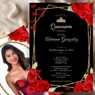Elegante zwarte gouden en rode rozen Quinceanera Kaart