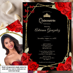 Elegante zwarte gouden en rode rozen Quinceanera Kaart