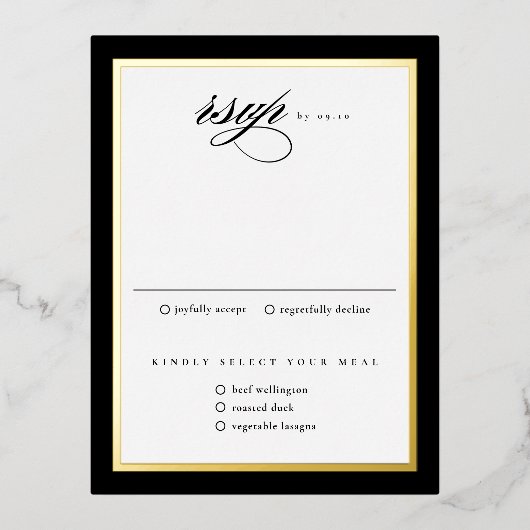 Elegante zwarte gouden folie bruiloft RSVP kaarten (Voorkant)