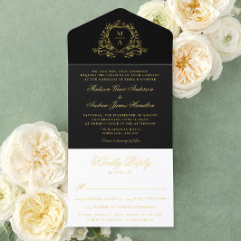 Elegante Zwarte Gouden Folie Crest Monogram Huweli All In One Uitnodiging