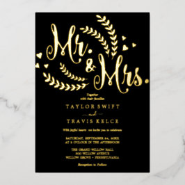 Elegante zwarte & gouden folie Mr. & Mrs. trouw  Uitnodiging