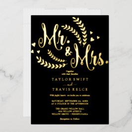 Elegante zwarte & gouden folie Mr. & Mrs. trouw  Uitnodiging