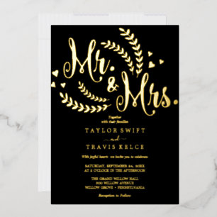 Elegante zwarte & gouden folie Mr. & Mrs. trouw  Uitnodiging