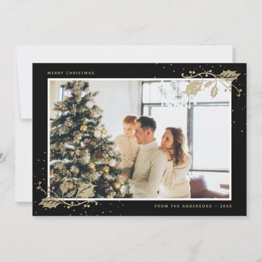 Elegante Zwarte Gouden Foto Kerstkaart (Voorkant)