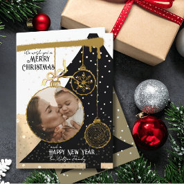 Elegante Zwarte & Gouden Foto-Ornament Kerstkaart Feestdagen Kaart