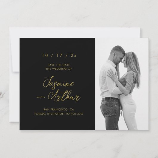 Elegante zwarte & gouden foto "Save the Date" Kaart (Voorkant)