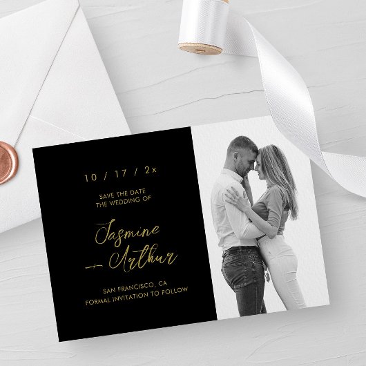 Elegante zwarte & gouden foto "Save the Date" Kaart