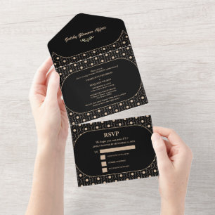Elegante Zwarte & Gouden Gatsby Art Deco Jaren 20 All In One Uitnodiging