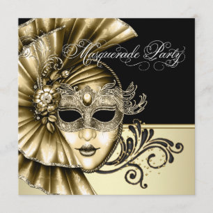 Elegante zwarte gouden gemaskerde feestuitnodiging kaart