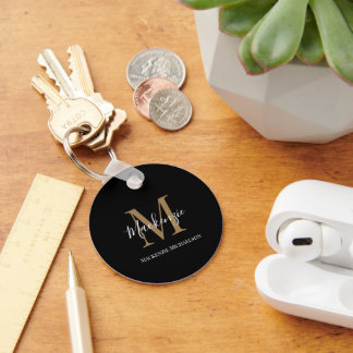 Elegante Zwarte Gouden Gepersonaliseerde Monogram Sleutelhanger