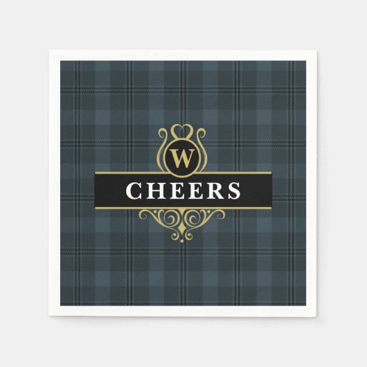 Elegante zwarte gouden geruite monogram initiaal servet (Voorkant)