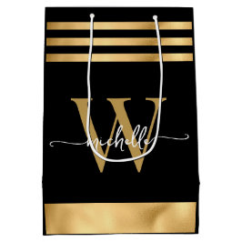 Elegante Zwarte Gouden Gestreepte Monogram Meisjes Medium Cadeauzakje