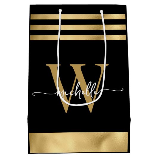 Elegante Zwarte Gouden Gestreepte Monogram Meisjes Medium Cadeauzakje (Achterkant)