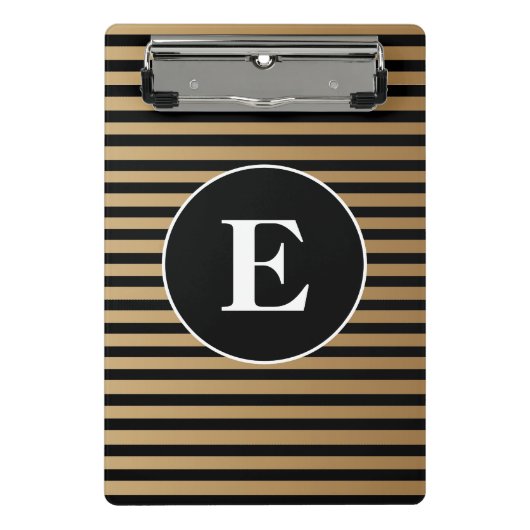 Elegante Zwarte Gouden Gestreepte Monogram Mini Klembord (Voorkant)
