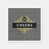Elegante Zwarte Gouden Glen Plaid Monogram Servet (Voorkant)