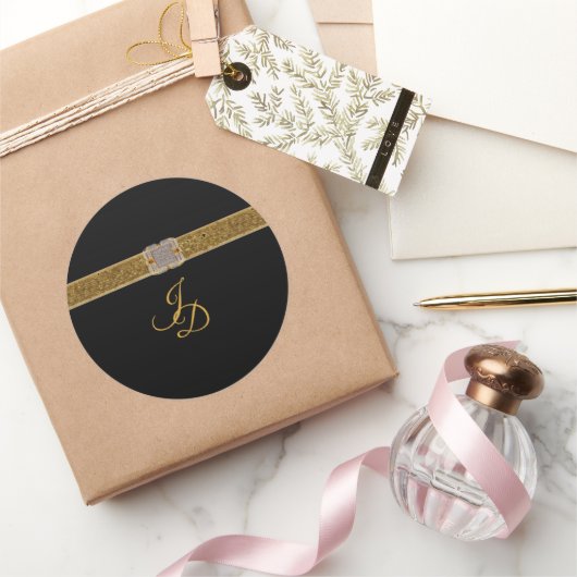 Elegante zwarte gouden glinsterbroche bruiloft ronde sticker (Geschenken)