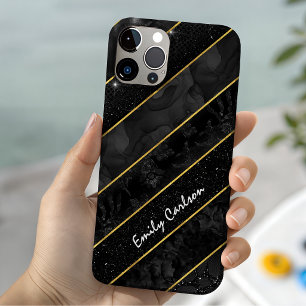 Elegante zwarte gouden glinsterende geometrische iPhone 15 case