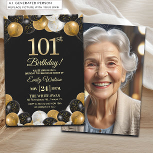 Elegante Zwarte Gouden Glitter 101e Verjaardagsfot Kaart