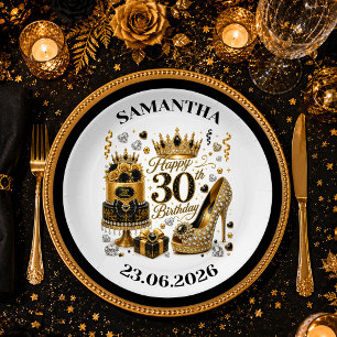 Elegante Zwarte Gouden Glitter 30e Verjaardag Bord