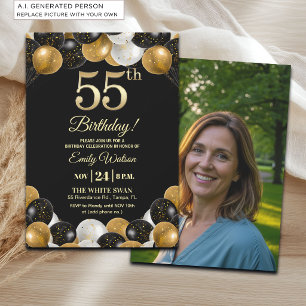 Elegante Zwarte Gouden Glitter 55e Verjaardagsfoto Kaart