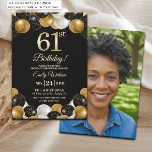 Elegante Zwarte Gouden Glitter 61e Verjaardagsfoto Kaart