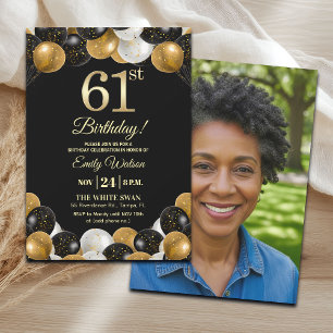 Elegante Zwarte Gouden Glitter 61e Verjaardagsfoto Kaart