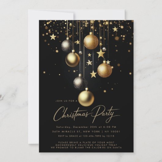 Elegante Zwarte Gouden Glitter Bal Kerstfeest Kaart (Voorkant)
