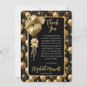 Elegante zwarte gouden glitter ballonnen verjaarda bedankkaart (Voorkant)