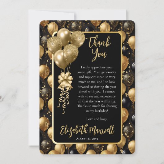Elegante zwarte gouden glitter ballonnen verjaarda bedankkaart (Voorkant)