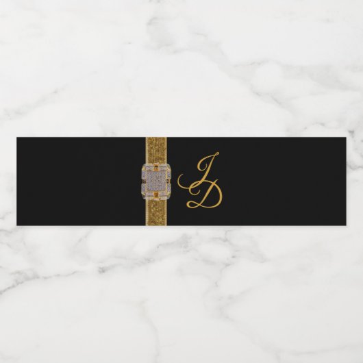 Elegante Zwarte Gouden Glitter Broche Bruiloft Waterfles Etiket (Enkel label)