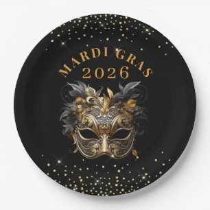 Elegante Zwarte Gouden Glitter Mardi Gras 2026 Papieren Bordje