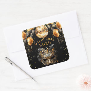 Elegante Zwarte Gouden Glitter Mardi Gras 2026 Vierkante Sticker