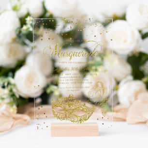 Elegante Zwarte Gouden Glitter Masquerade Verjaard Acryl Uitnodigingen