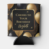 Elegante zwarte gouden glitter verjaardagsballonne blikjeskoeler (Voorkant)